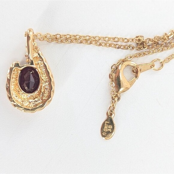 GE LIND Signed Vintage Garnet Rhinestone Glass Necklace Gold Electroplated - Picture 3 of 5